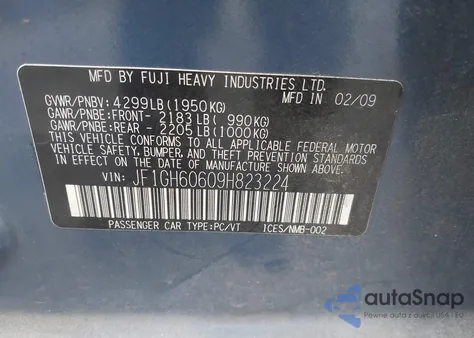 2009 Subaru Impreza 2.5I z USA, uszkodzony, nr VIN JF1GH60609H823224